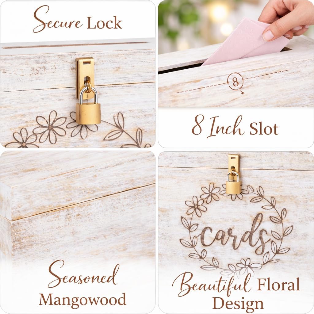 Wedding Card Box with Card Slit and Lock 12"X10"X4.5"- Gift Wishing Well Card Box for Weddings, Receptions, Birthdays, Graduations, Baby Showers, Honeymoon Funds FLWR (WHITE)