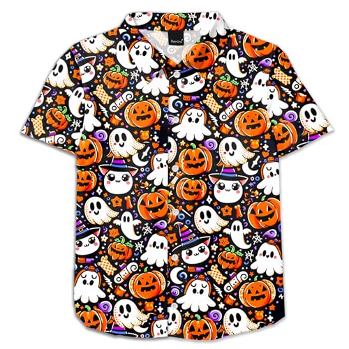 Image of Remimi Unisex Kids Halloween Shirt Boys Pumpkin Ghost Shirts Hawaii Button Up Tops 5-14 Years