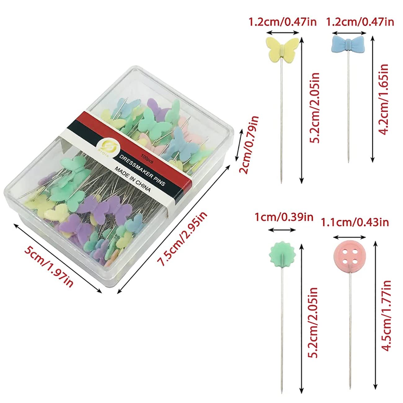 100 Spille Da Cucito Per Patchwork A Testa Piatta - Forme Di Fiore, Farfalla E Bottone - Punte In Acciaio Inox