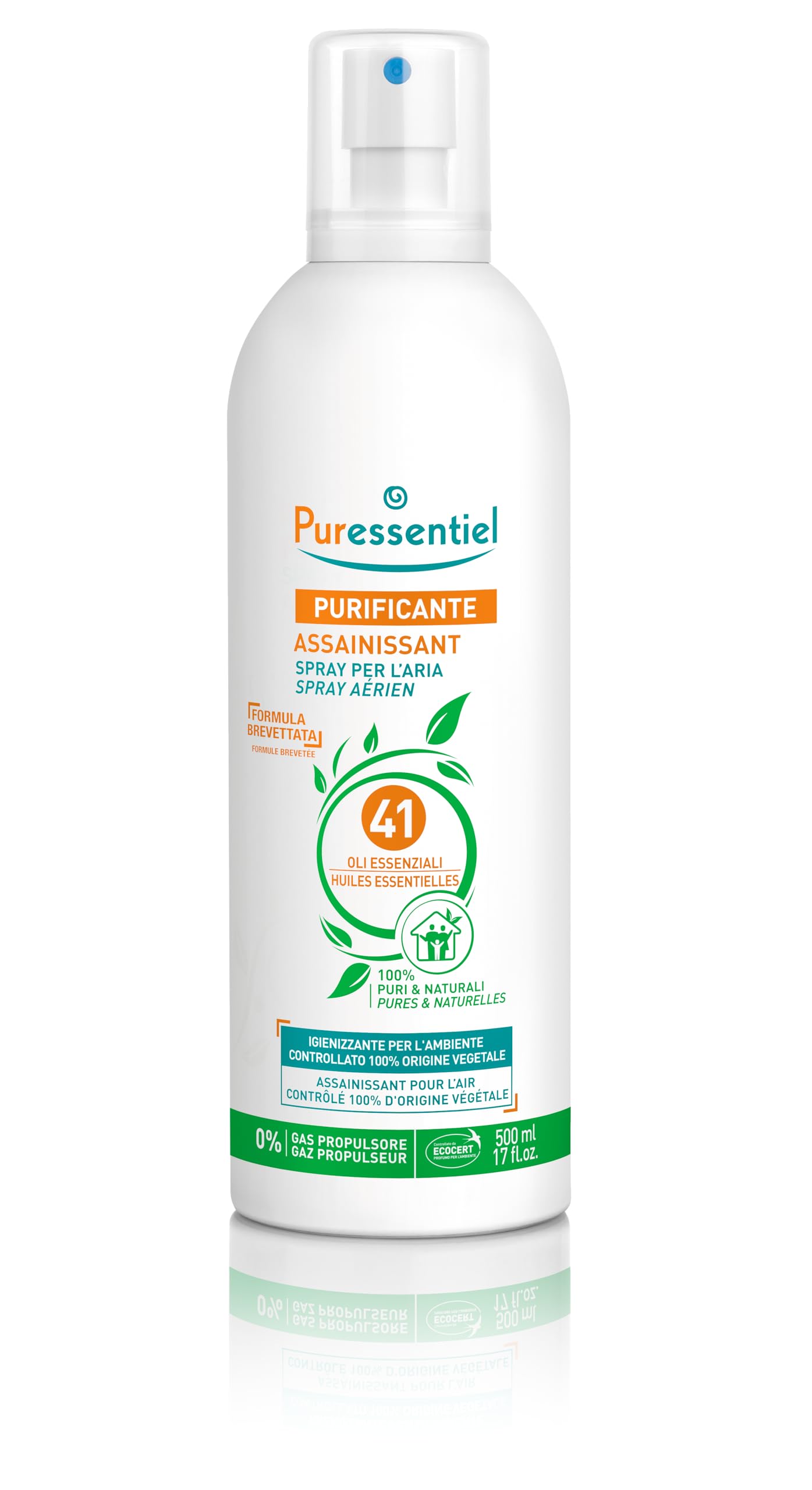 Puressentiel - Spray Purificante per l'Aria ai 41 Oli Essenziali 500 ml - 100% Puri e Naturali, Purifica, Tratta e Igienizza i Tessuti, Con Formula Brevettata, 0% Gas Propulsore