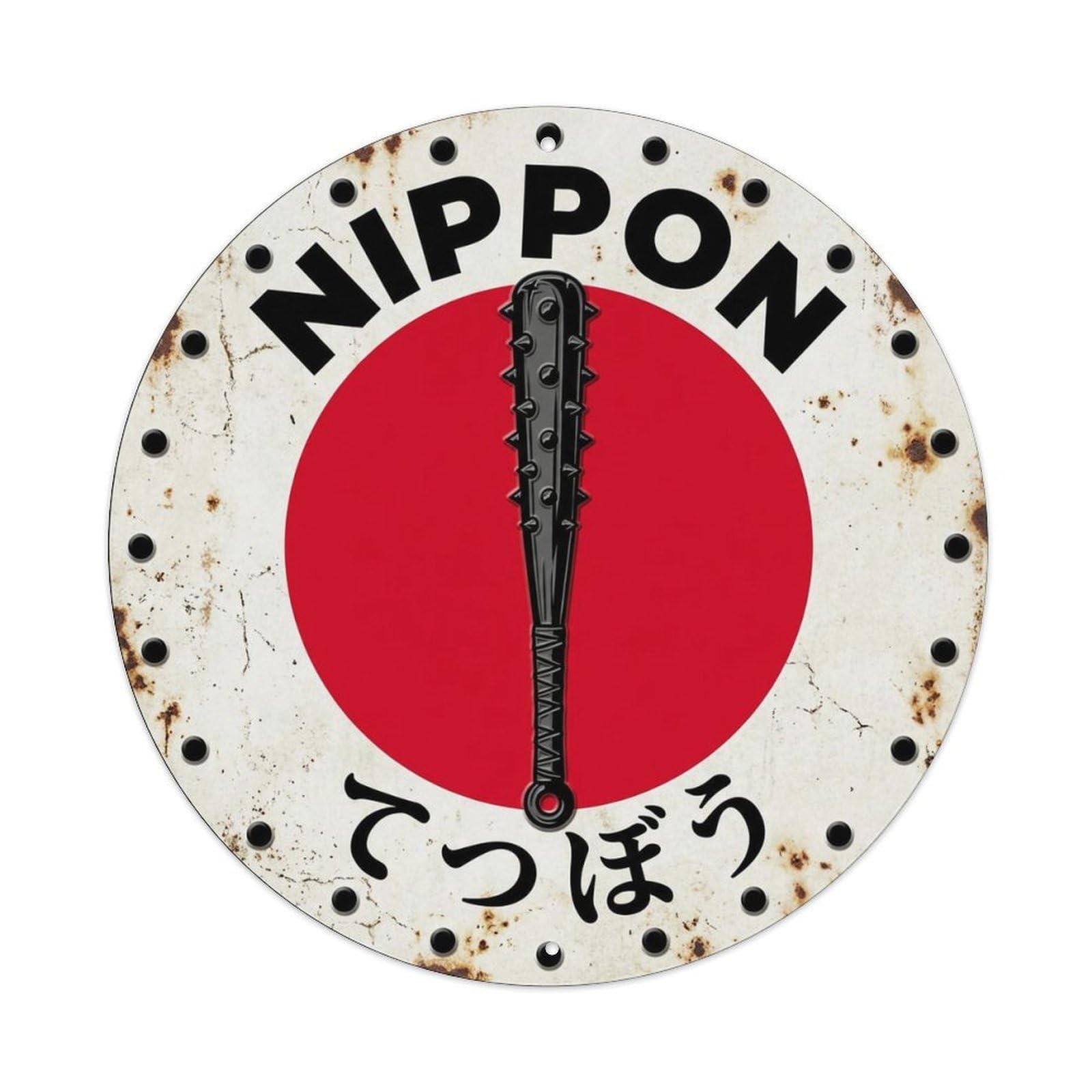 Tetsubo Mace Nippon Spiked Club Old Japan Culture Stamp Metal Tin Sign Plaque Wall Decor for Cafe, Man Cave, Club Bar, Office, Home Garden Round Metal Poster 8x8Inch
