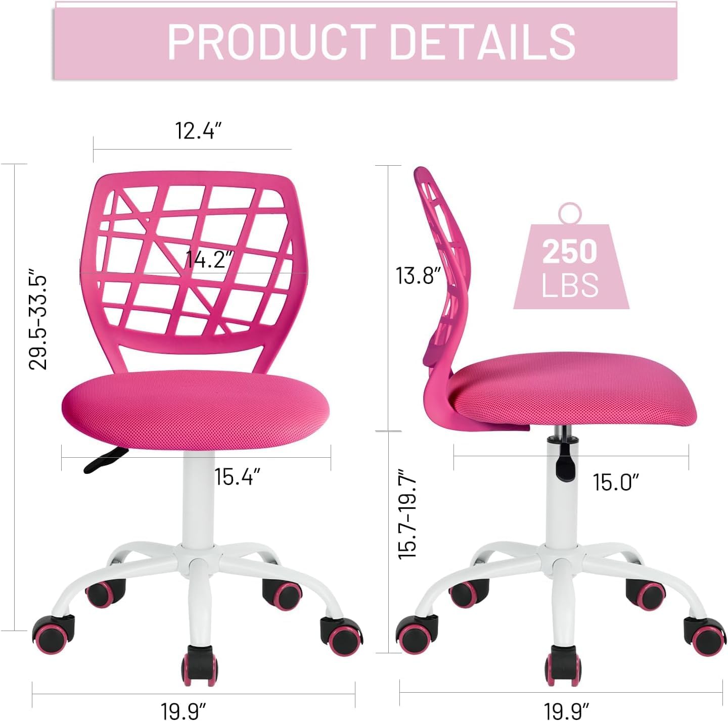 FurnitureR Kids Pink Desk Chair, Adjustable Swivel Study Chair with Mesh Padded Seat, Rolling Armless Task Chair with Plastic Backrest, Gift-Ready for Children & Teens