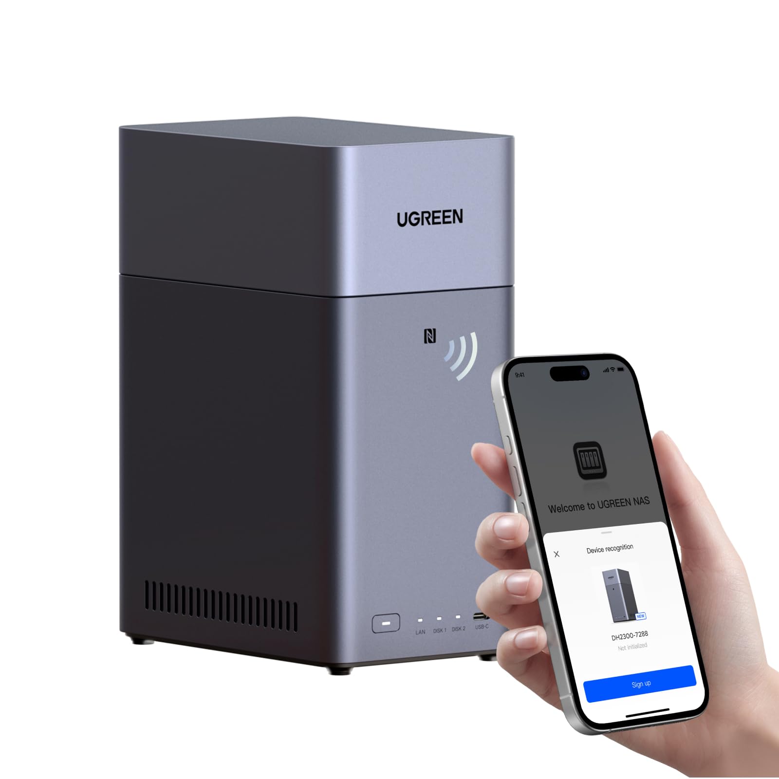 UGREEN NASync DH2300 NAS de bureau à 2 baies, 4 Go de RAM, album photo AI, accès à distance, système NAS convivial pour les débutants, serveur NAS avec LAN 1 GbE, stockage réseau pour la maison (sans