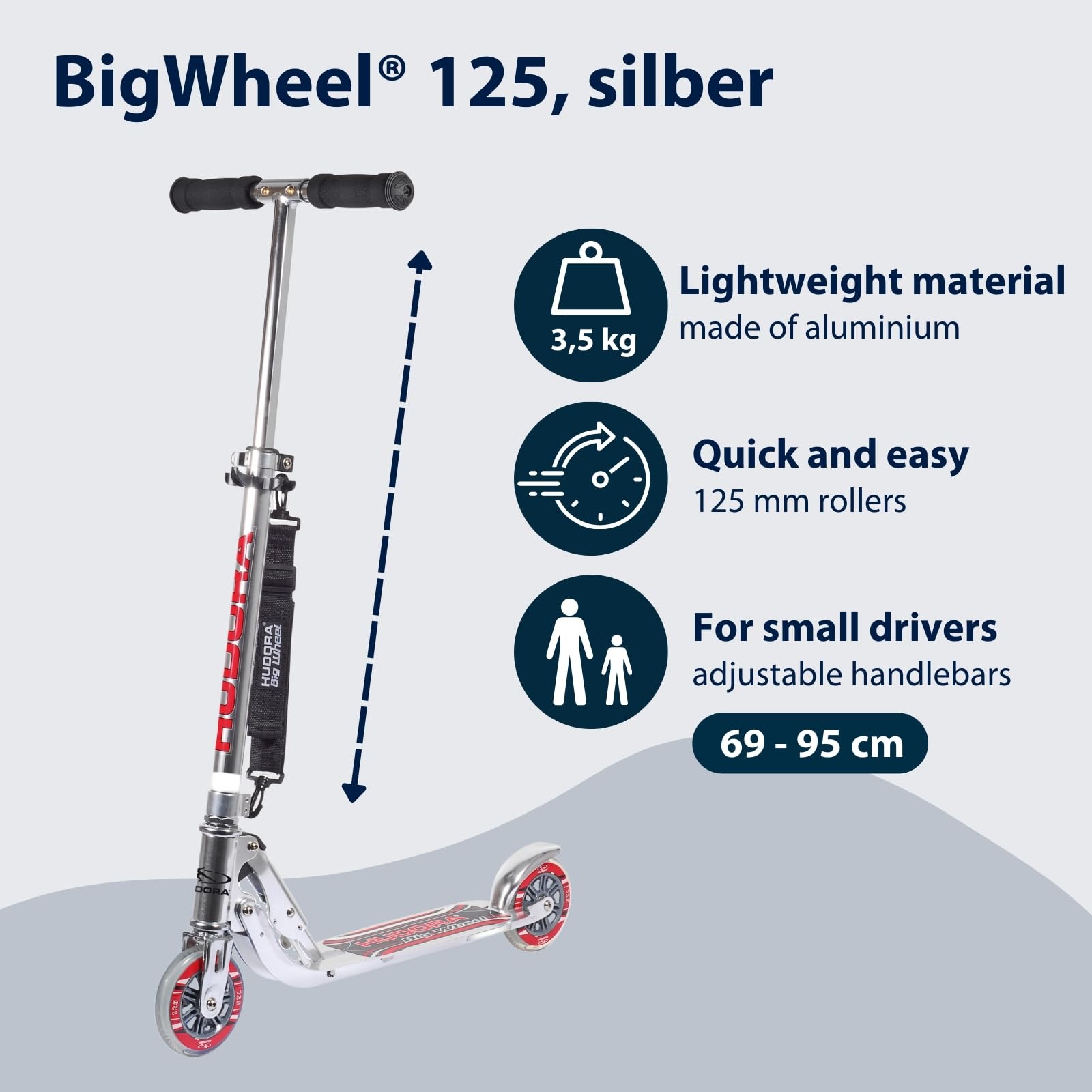 Hudora BigWheel hulajnoga 125 – bezpieczna hulajnoga aluminiowa dla dzieci – regulowana wysokość i składana hulajnoga miejska do 100 kg – stabilna hulajnoga z paskiem do noszenia