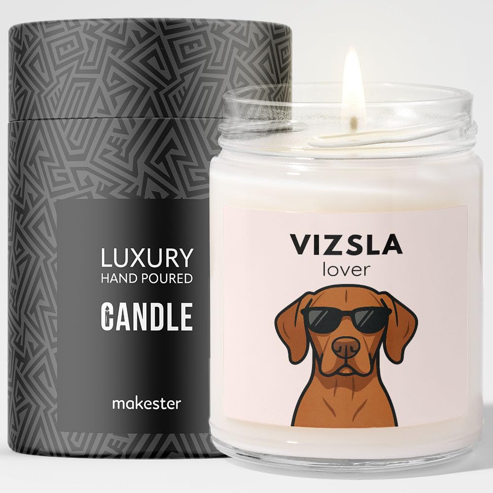 Makester White Vizsla Gifts - Luxury Soy Wax Candle - Vanilla, Jasmine, Sugared Almond - Dogs In Shades