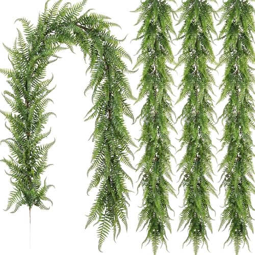Yinder 4 Pack 6ft Artificial Greenery Garland Hanging Boston Fern Garlands Lifelike Leaf Green Fake Vines for Spring Summer Indoor Wall Mantel Home Decoration Wedding Arch Party Decor