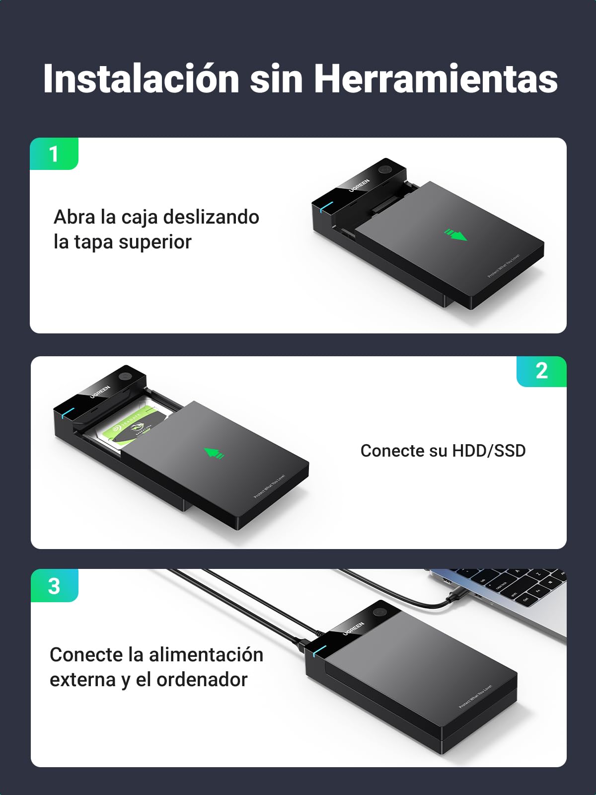 UGREEN Carcasa Disco Duro SATA SSD 3.5" 20TB, Caja SSD USB 3.0 con UASP Comaptible con PC, Xbox X/S, PS4, con Cable y Adaptador de Corriente 12V 2A