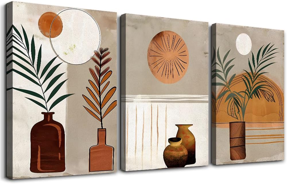DZRWUBHS Boho Wall Art Prints - Canvas Wall Art for Bedroom & Living Room - Abstract Leaf Paintings - Modern Minimalist Home Decor - 3 Pcs Ready To Hang