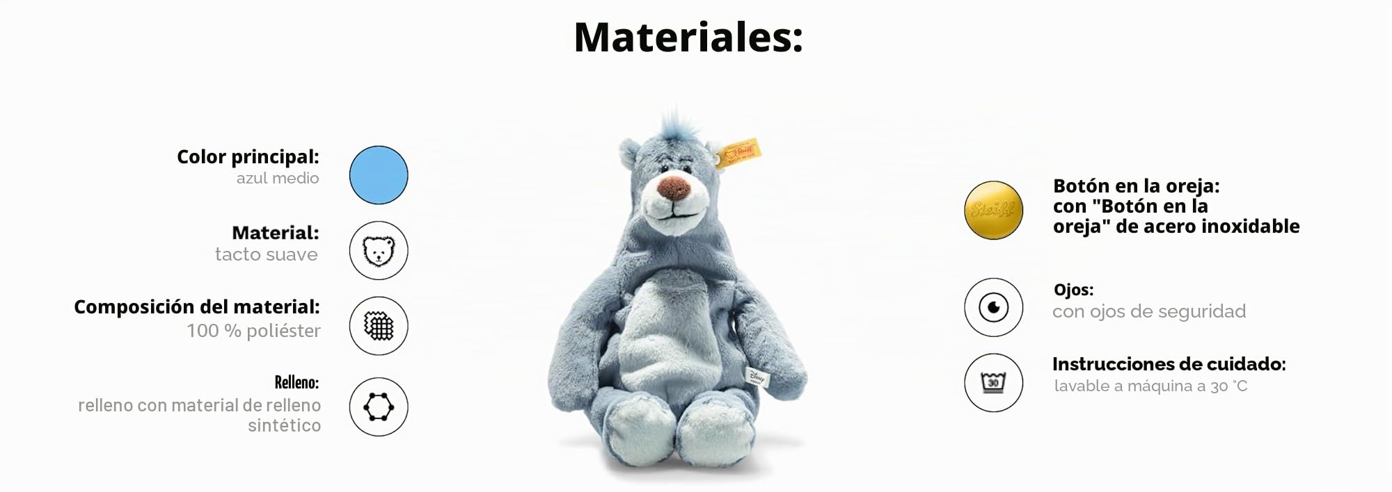 Steiff Jungle Book Balú de El Libro de la Selva Soft Cuddly Friends Disney Originals Balu, Color Azul/Gris, 31 cm (024542)
