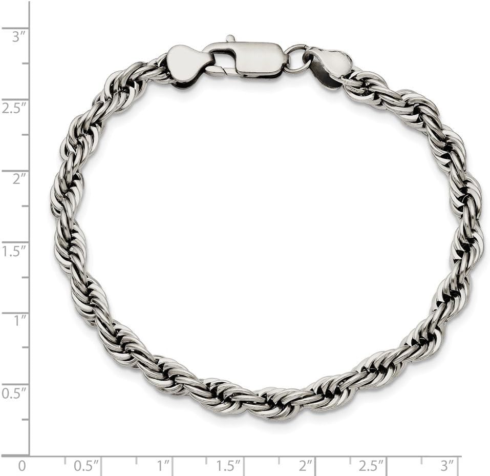 Stainless Steel Polished 6mm Rope Bracelet - with Secure Lobster Lock Clasp