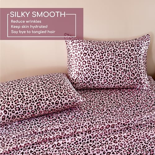 Image of MR&HM Satin Sheets with Elastic Corner Straps, Twin Size 3-Piece Silky Bedding Set, Deep Pocket 15 Inches, Good for Hair & Skin (Twin, Pink Leopard)
