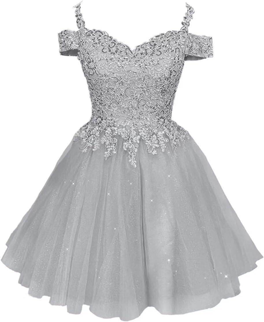 dufetin Sparkly Lace Appliques Homecoming Dresses for Teens Cold Shoulder Tulle Short Beaded Prom Cocktail Party Gowns