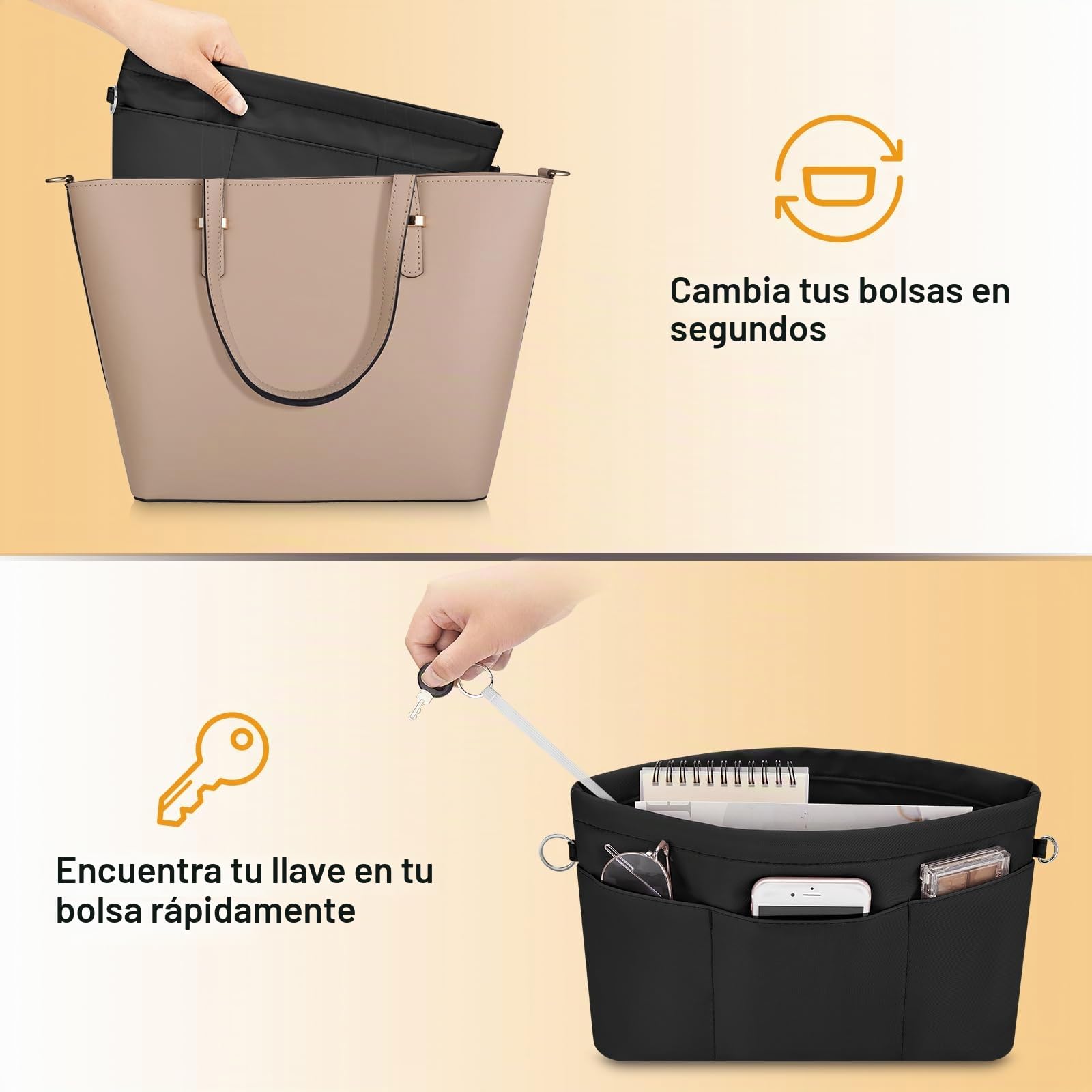 Organizador de Bolsos de Mano, Organizador de Bolsos de Nailon Resistente al Agua, Organizador de Bolsas, Organizador de Bolsas con Llavero y Cremallera, Negro L