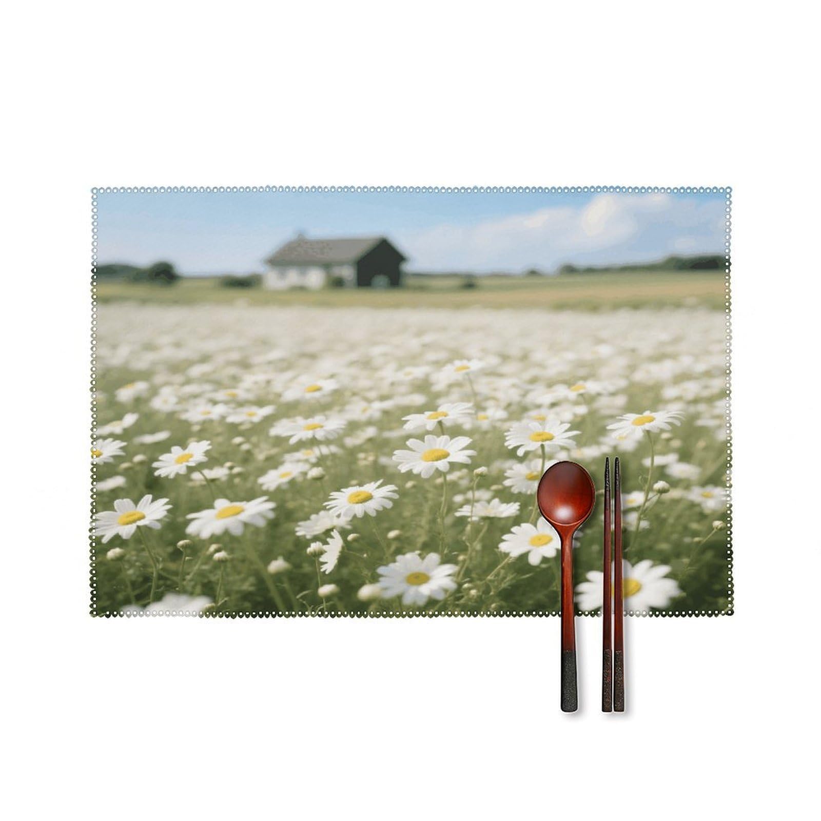 Farm White Daisy Flowers Placemats Set of 4 Heat Resistant Non-Slip Place Mats for Dining Table Washable Placemat Wipeable Dining Table Mat Canvas Place Mats Dining Table Decor