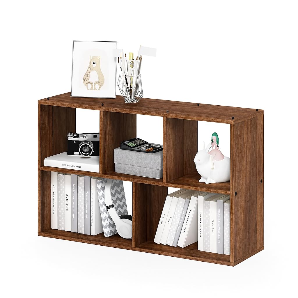 Enigmatic Woodworks Wooden 5-Cube Open Storage Organizer | Bookshelf Multipurpose for Home Rack Showcase for Living Room I Study Room I Finish-Suede DIY (Walnut) 24.7 * 9.5 * 33.5inch
