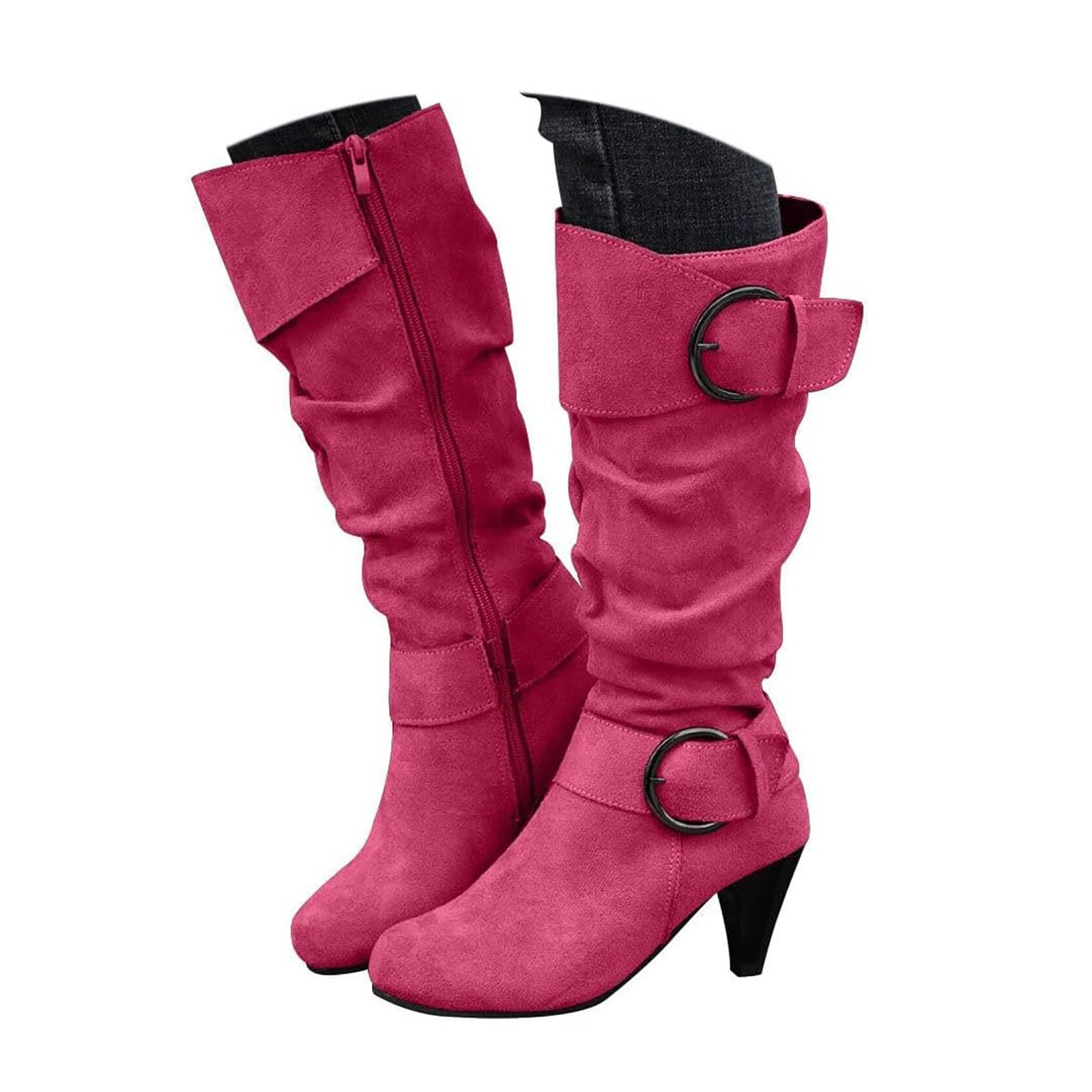 Women Knee High Boots Slouchy Suede Stylish High Heels Round Toe Wide Metal Buckle Strap Side Zipper Cowgirl