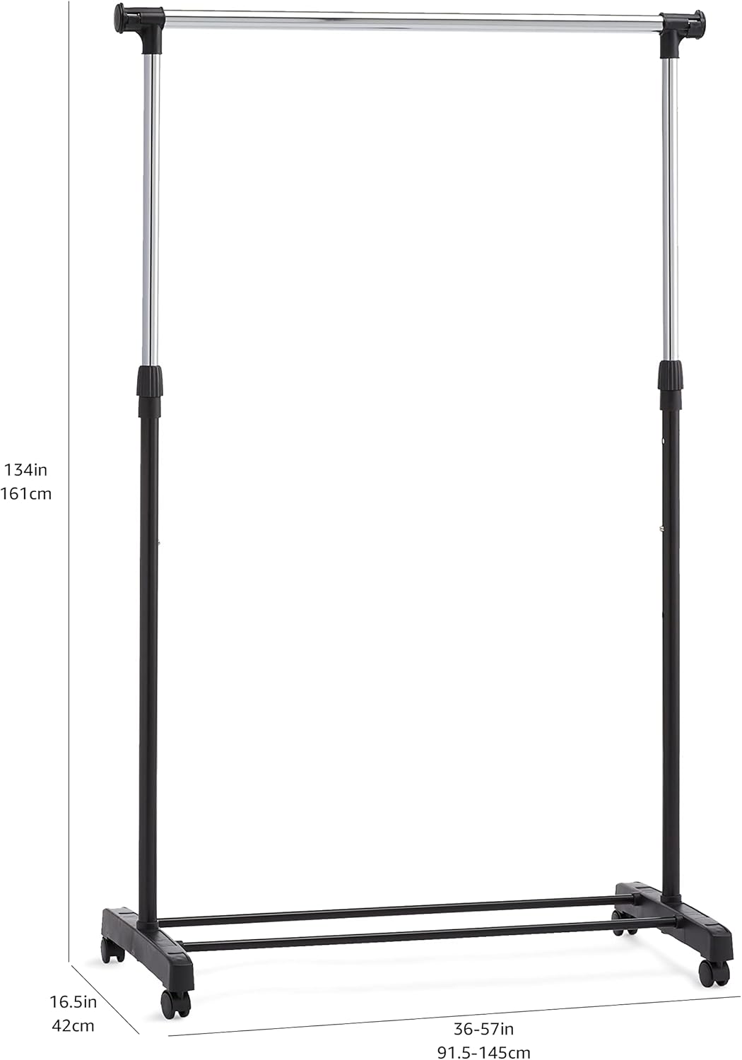 Garment rack with dimensions labeled