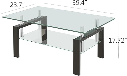 Miniatura 2 de Moderna mesa auxiliar rectangular de vidrio de 2 niveles, mesa de té de vidrio templado transparente para sala de estar, 39.4 x 23.7 x 17.68