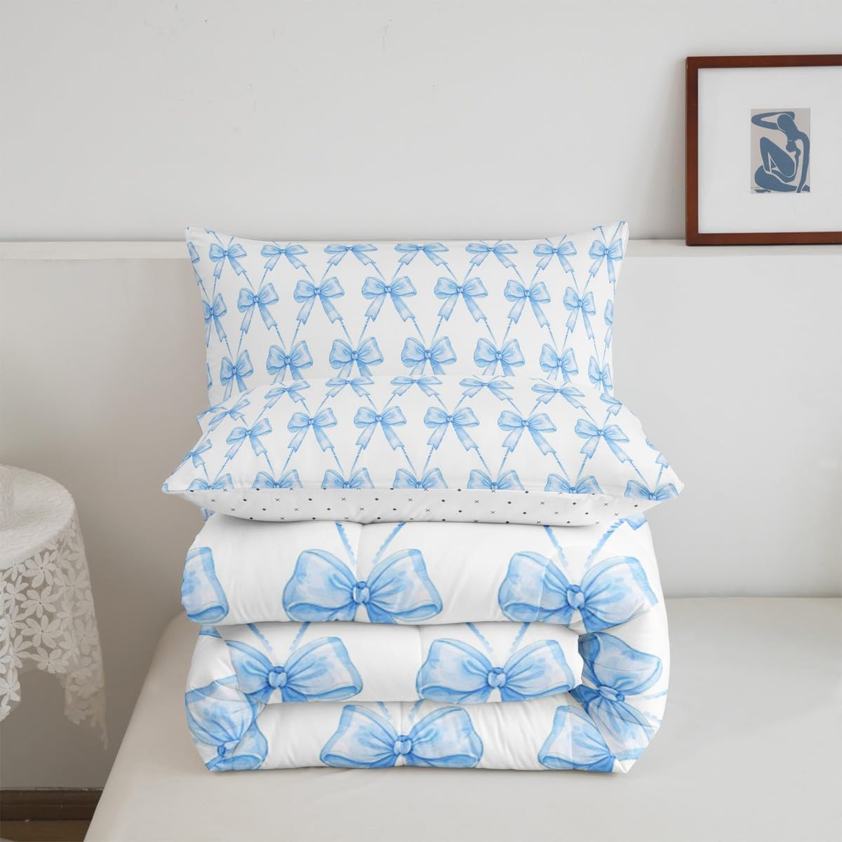 Feelyou Blue Bow Comforter Set Twin Size Cute Bowknot Bedding Set Boys Girls Kawaii Comforter for Kids Women Men Bow and Stripes Duvet 2Pcs - Image 6