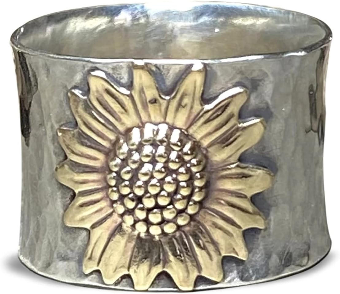Sterling Silver Wide Band Ring, Vintage Boho Flower Leaf Design, Statement Ring for Women