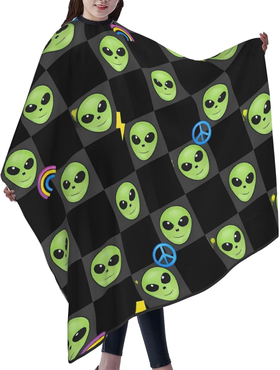 Aliens Rainbow Peace Grey Checkerboard Adult Hair Cutting Cape 55x66in Adjustable Snap Closure Salon Hairs Hat Shaving Bib