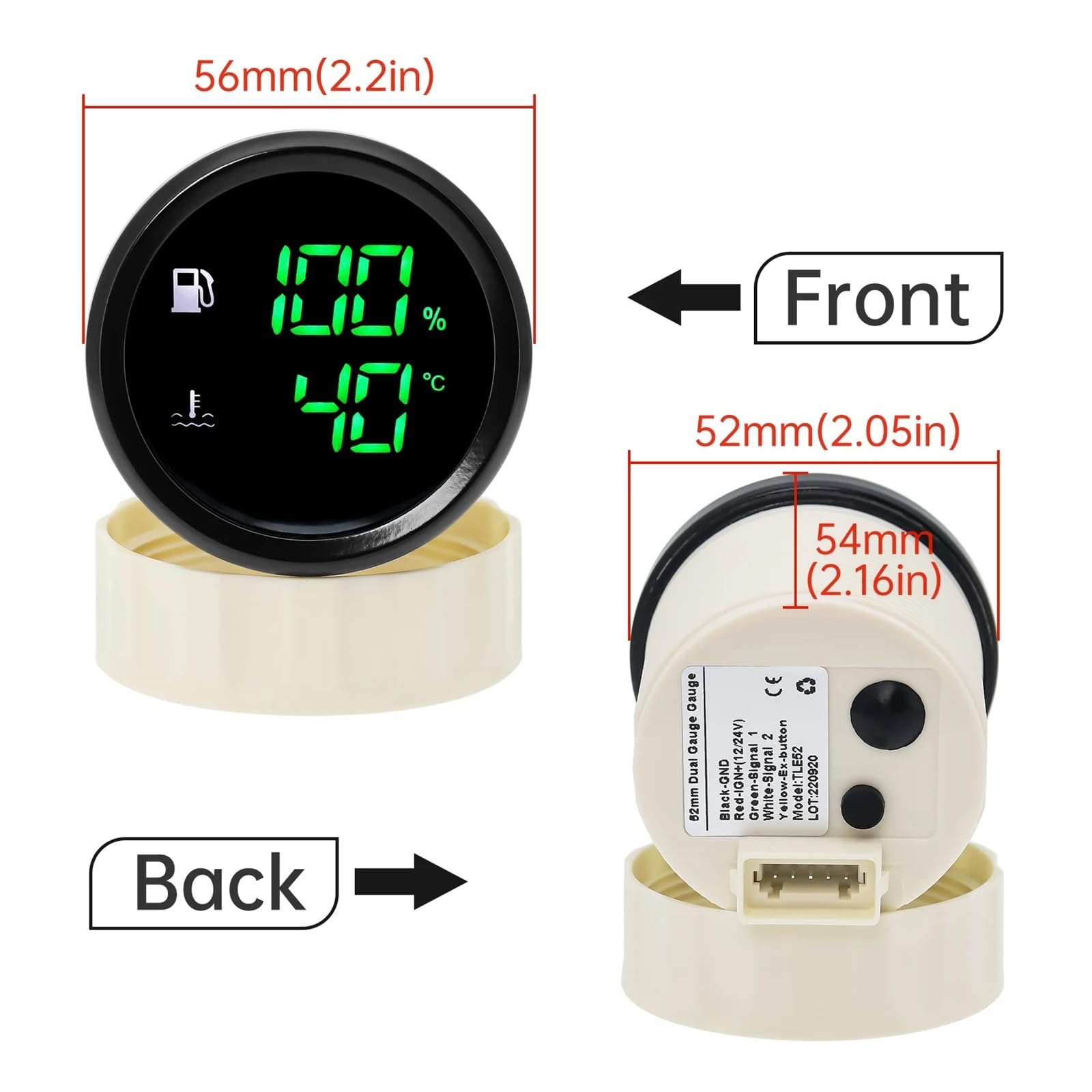 52mm cyfrowy miernik 2 w 1 wskaźnik poziomu paliwa/wody Volt termometr do wody miernik ścieków z alarmem do łodzi samochodowej Stabilne monitorowanie(B Water and Temp)