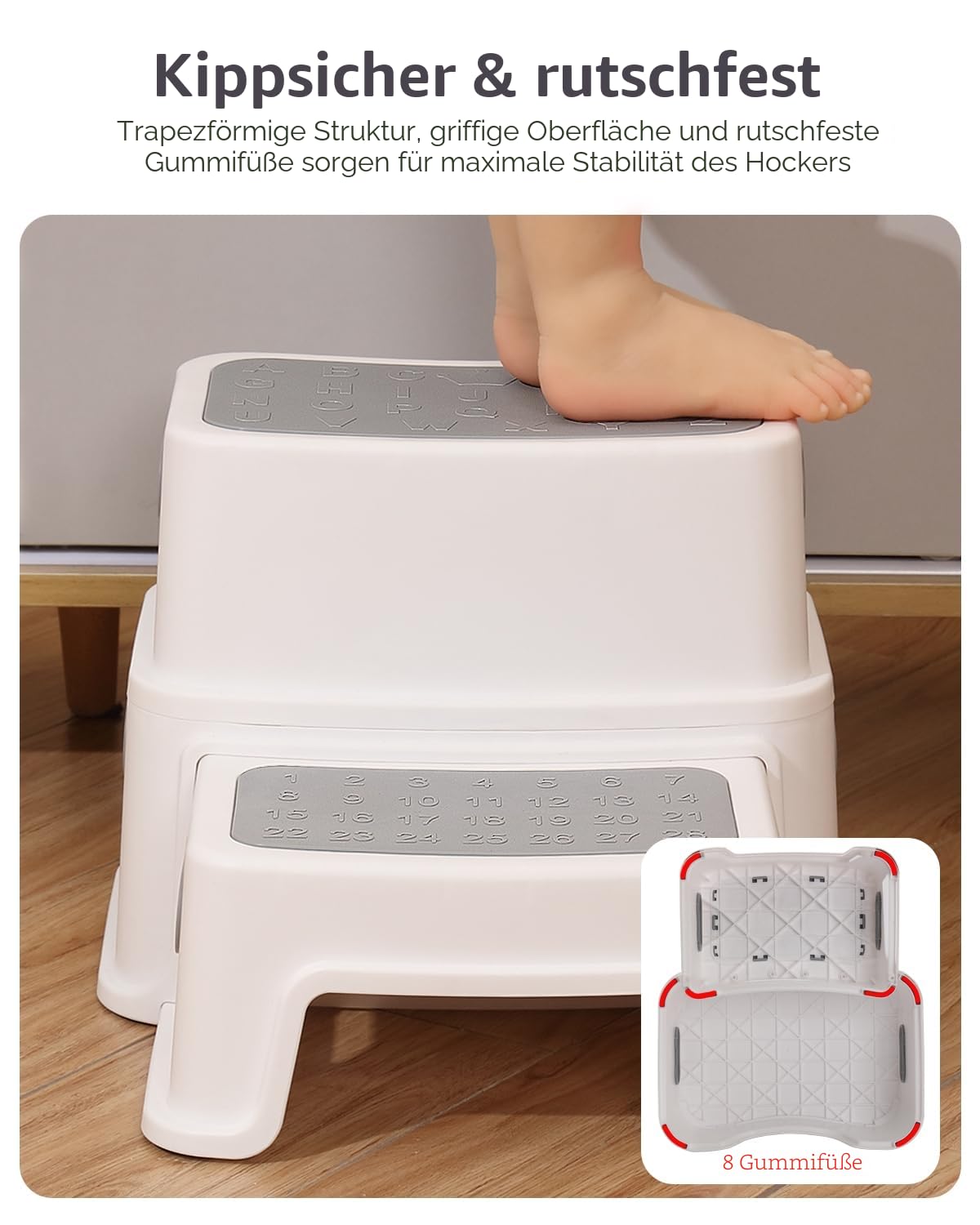Tritthocker Kinder 2 Stufen, Robuster Hocker Zweistufiger Tritthocker für Badezimmer, Waschbecken und Toilette, Anti-Kipp und Anti-Rutsch, Sicherer für Kleinkinder Polypropylen (PP) Weiß