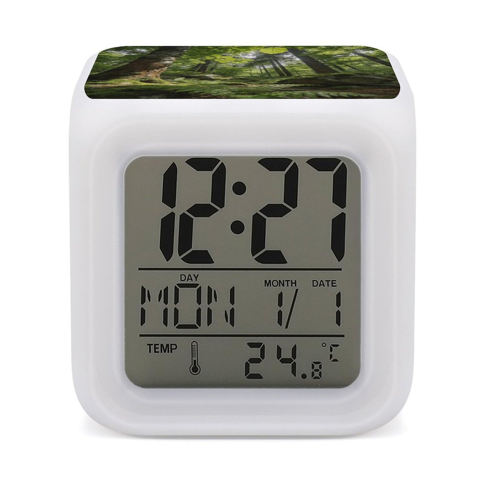 LZQPOEAS Forest Alarm Clock with 7 Color Changing Nightlight for Bedroom Calendar Temperature Display Wake Up Digital Clock Small Desk Clocks for Heavy Sleepers Adults