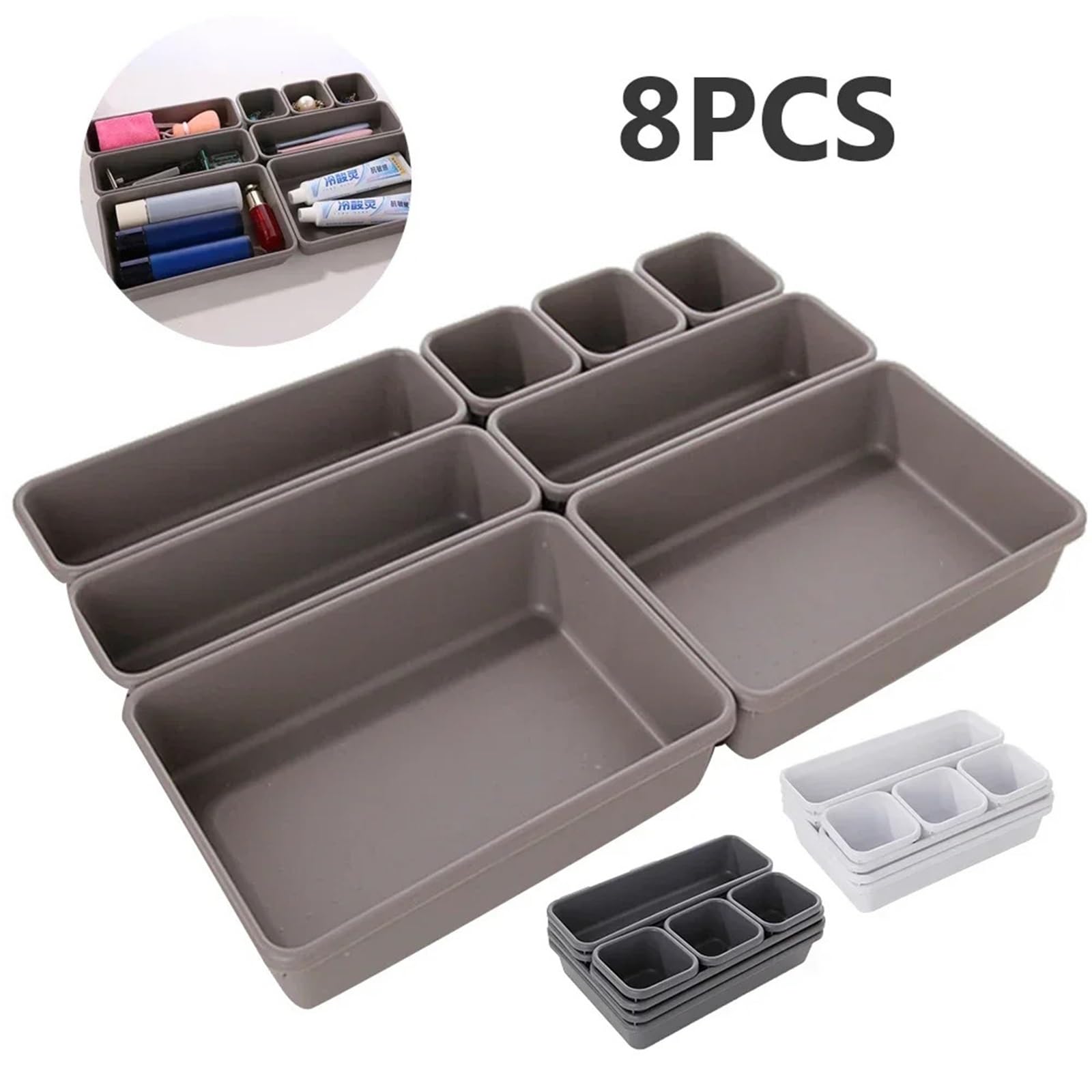 8 bandejas organizadoras de cajones ajustables for cocina, baño, armario, maquillaje, cosméticos, artículos diversos, divisor, soporte for joyas Para Escritorio(Khaki)