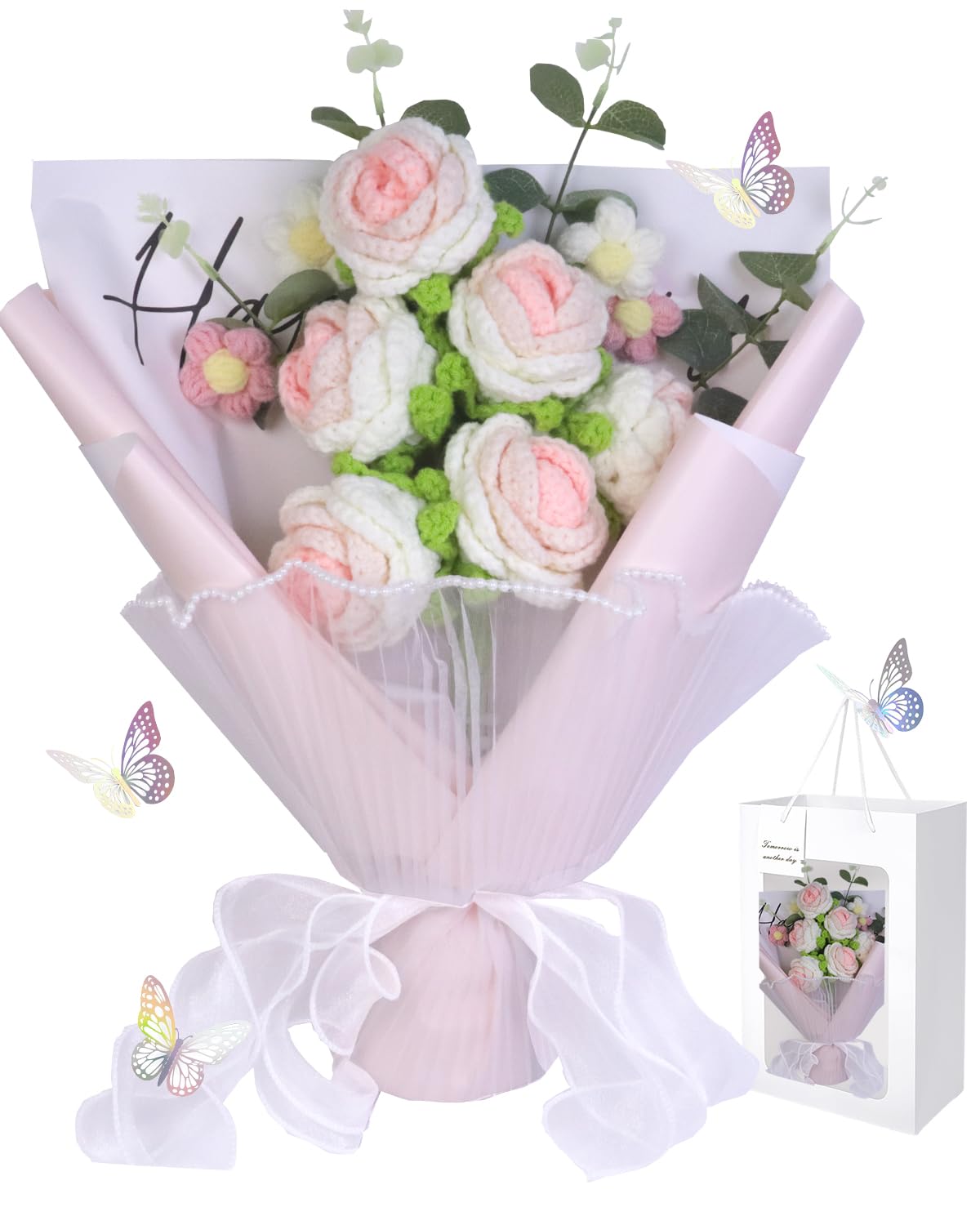 Crochet Flowers with 6 Pcs Pink Roses, 4 Pcs Puff, 4 Pcs Leaves, Butterflies, Crochet Flowers Bouquet, Comes with Sophisticated Gift Box & Bag, Perfect for Mother's Day