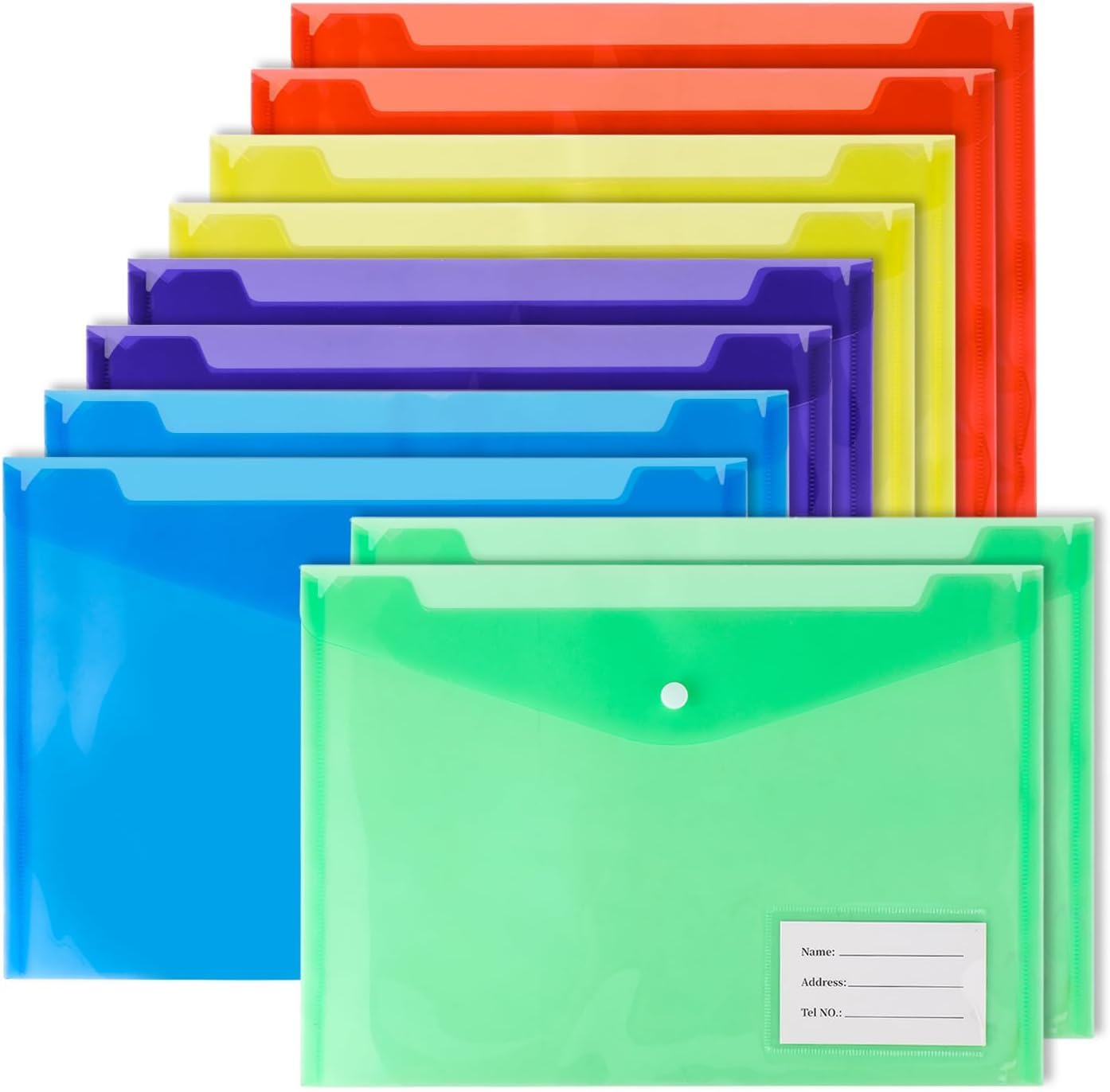10 Pack A4 Plastic Folders with Flap, File Folders with Label Pockets, Efficient Storage, Ideal for School, Office, Home and Travel, 5 Assorted Colors