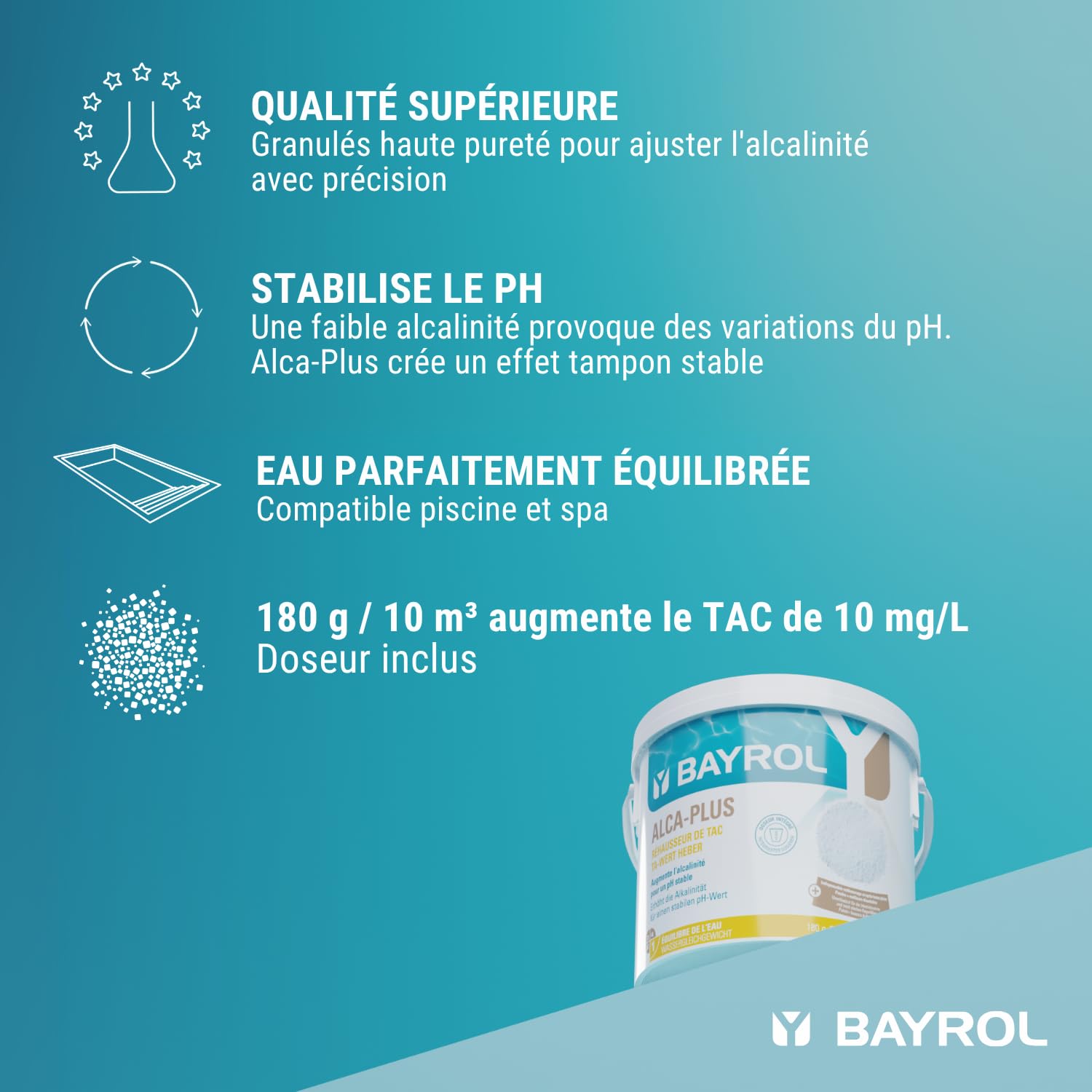 BAYROL e-Alca-Plus® 5 kg - Augmente Le TAC Piscine - Stabilise Le pH - Alcalinité Piscine - Doseur Inclus - Granulés Dissolution Rapide
