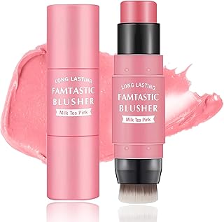 Cream Blush Stick for Cheeks Blush Makeup,3 In 1 Cheek Blush & Lip Tint & Eye Shadow Makeup Stick with Brush, Long Lasting Waterproof,Cream Blush Makeup for All Skin Tones - Cherry Pink