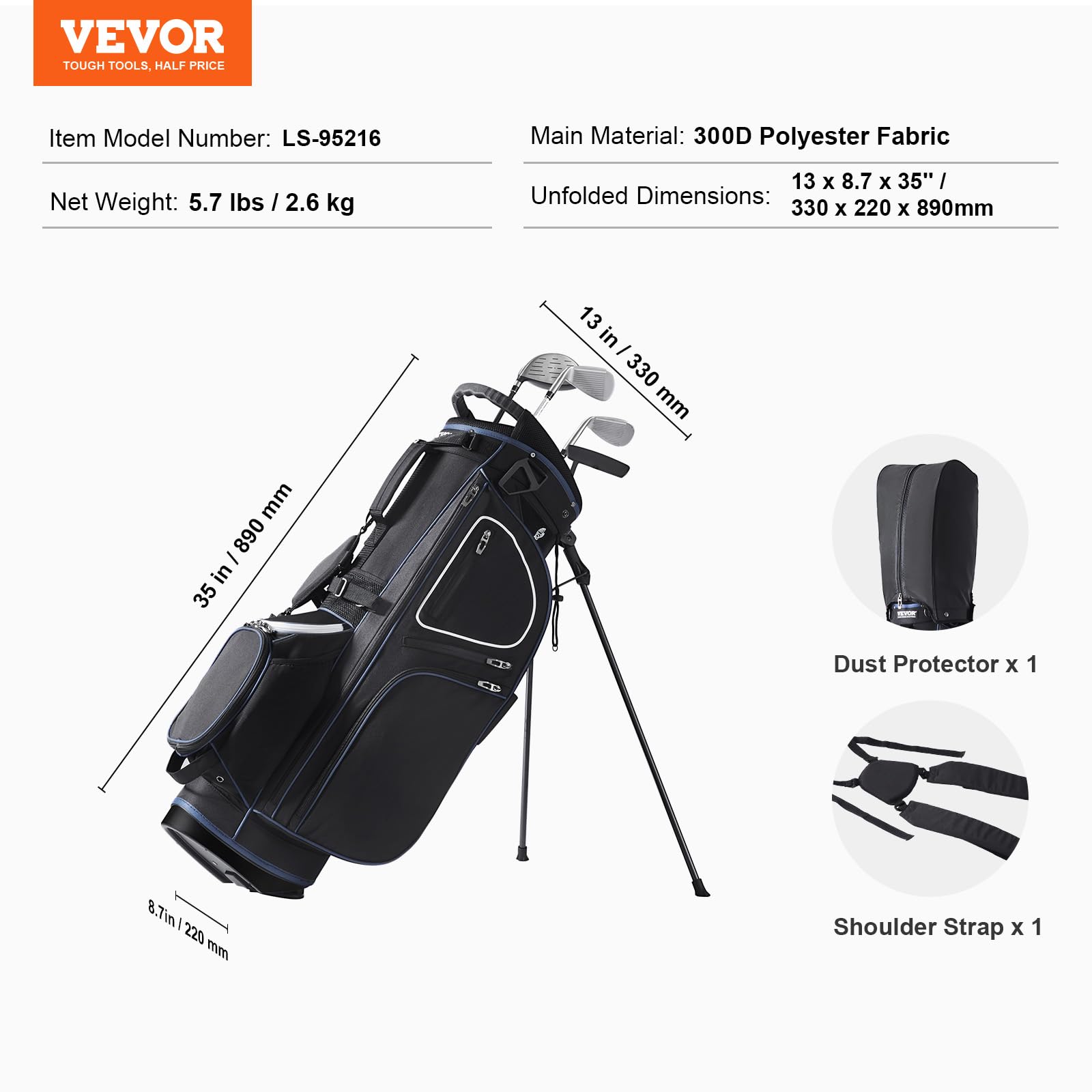 VEVOR Torba na wózek golfowy z 14-kierunkowym organizerem, torba na wózek premium ze stojakiem, trwałe torby golfowe z uchwytami i osłoną przeciwpyłową oraz odpinanym podwójnym paskiem dla mężczyzn i