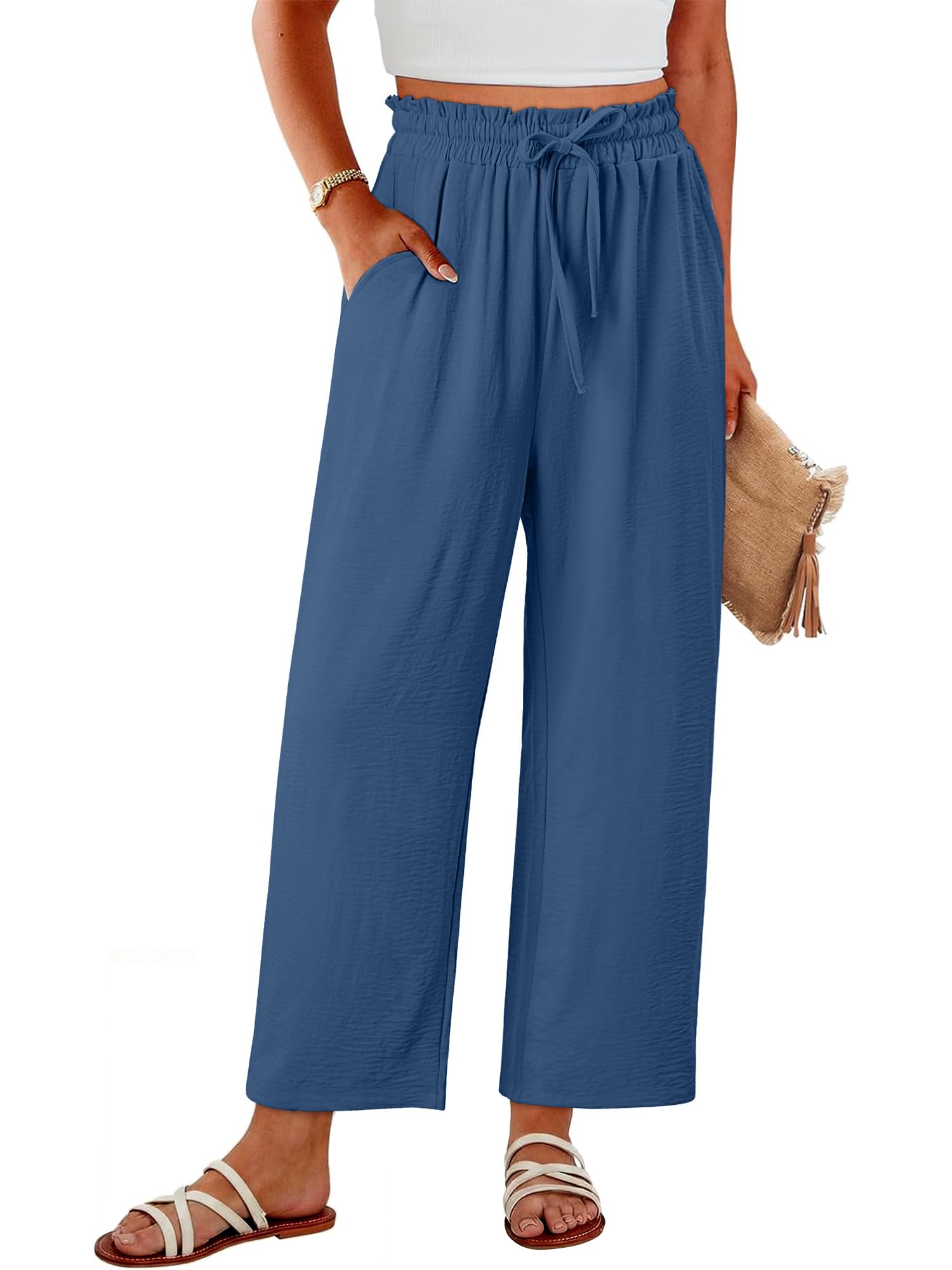 CRAZY GRID Womens Flowy Palazzo Pants High Waisted Wide Leg Trendy Summer Beach Casual Trousers with Pockets