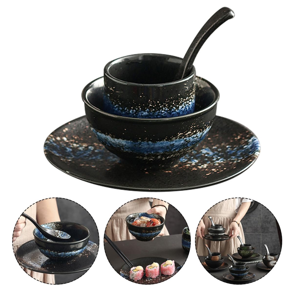 NUOBESTY Ensemble Vaisselle Céramique 4 Pièces pour Restaurant de Sushis – Bols, Cuillère et Plat – Service Table Japonerie, Lavable Lave-vaisselle, Usage Hôtel et Fondue