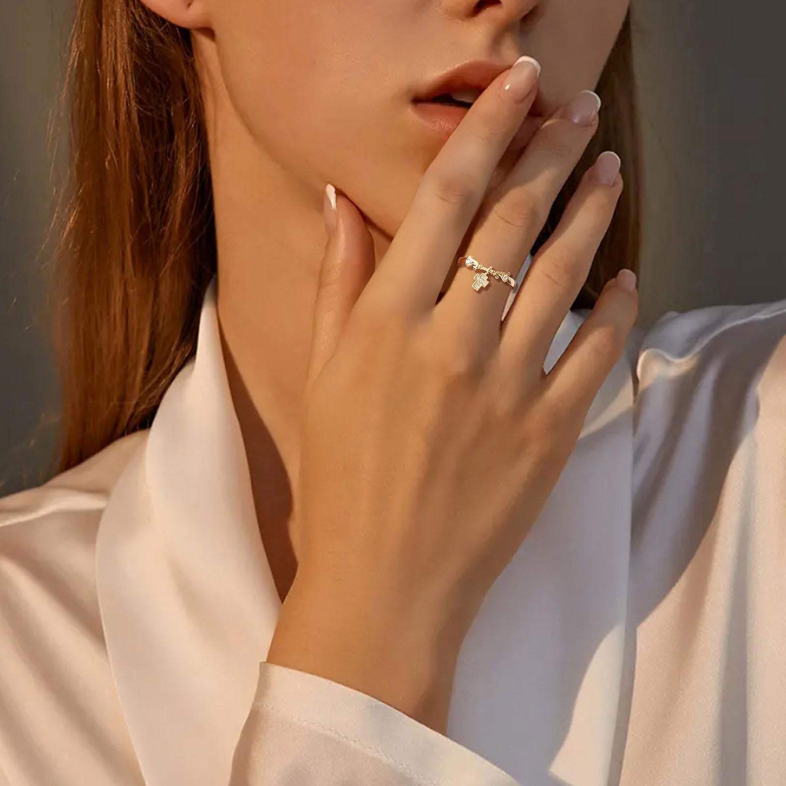 Verstellbare Silberringe Damen 925 – Zirkonia Ring mit Charm Anhänger Schleife/Kleeblatt/Kreuz, Sterling Silber Ring in Gold & Silber