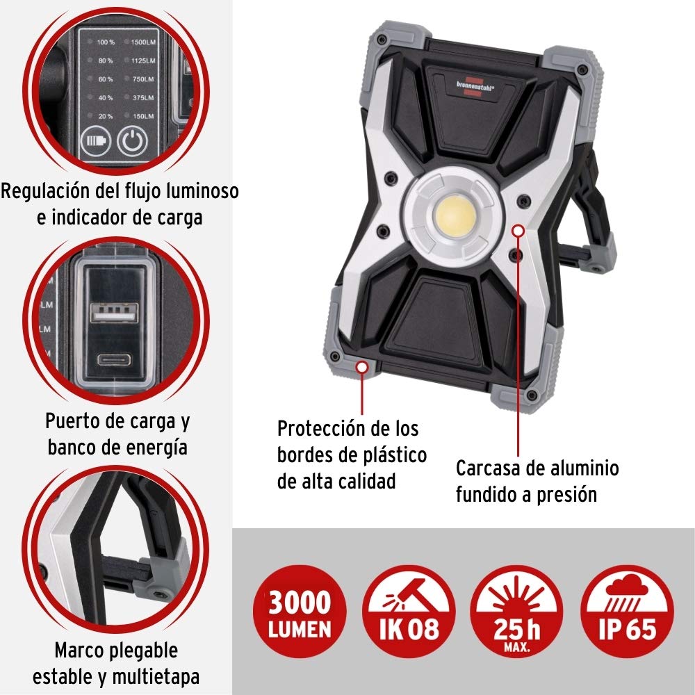 Brennenstuhl RUFUS foco LED a batería recargable de 30 W (3000 lm, luz de trabajo profesional, lámpara portátil, regulable, interruptor con modos, carcasa resistente, IP65)