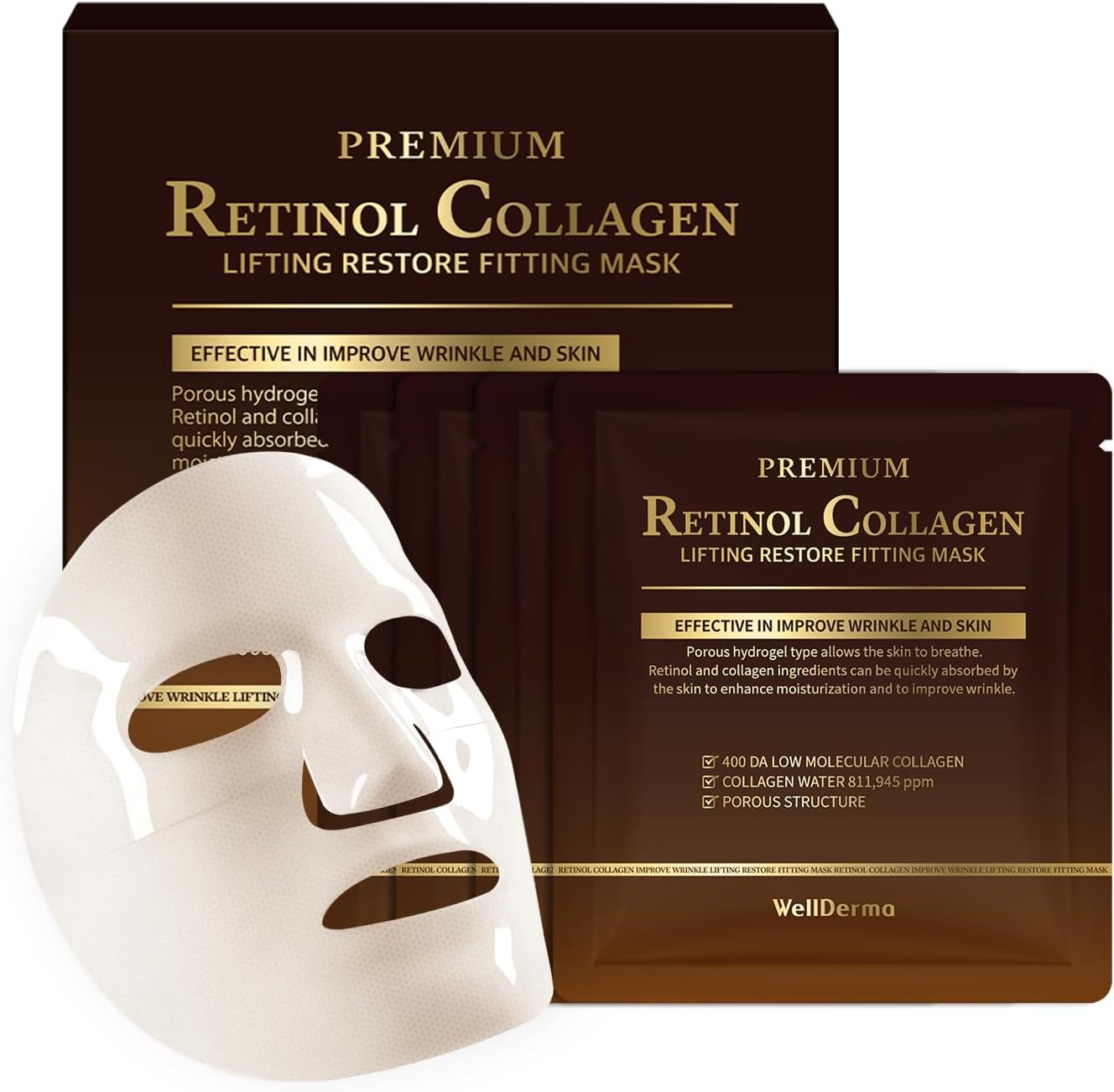 WELLDERMA Retinol Peptide Lifting Restore Hydrogel Fitting Mask, 25g x 4 Sheets – Firming & Hydrating Micro-Hole Sheet Mask with Retinol, Peptide Complex, Collagen Water & Niacinamide