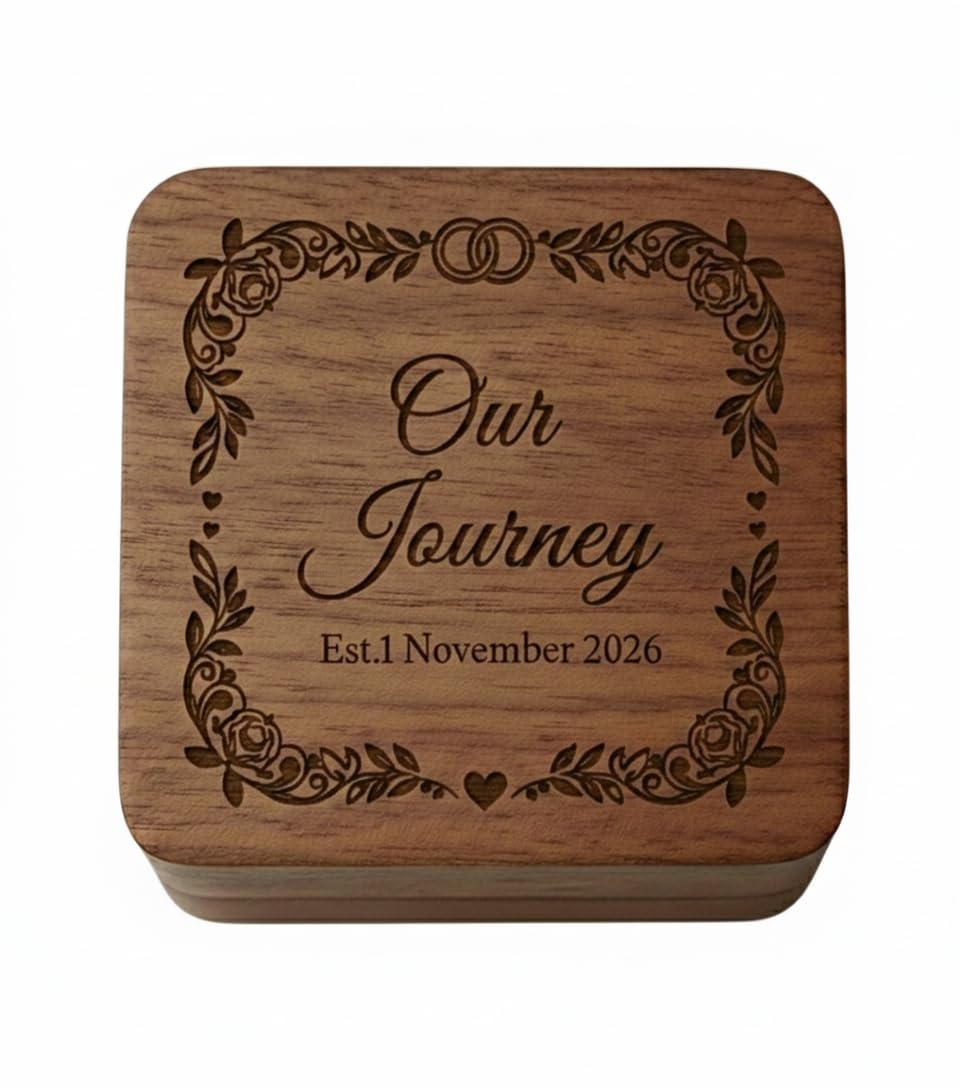 Zmr Shop Craft Personalized Wooden Ring Box Square | Custom Engraved Wedding Ring Bearer Box “Our Journey” With Date | Rustic Engagement & Anniversary Keepsake