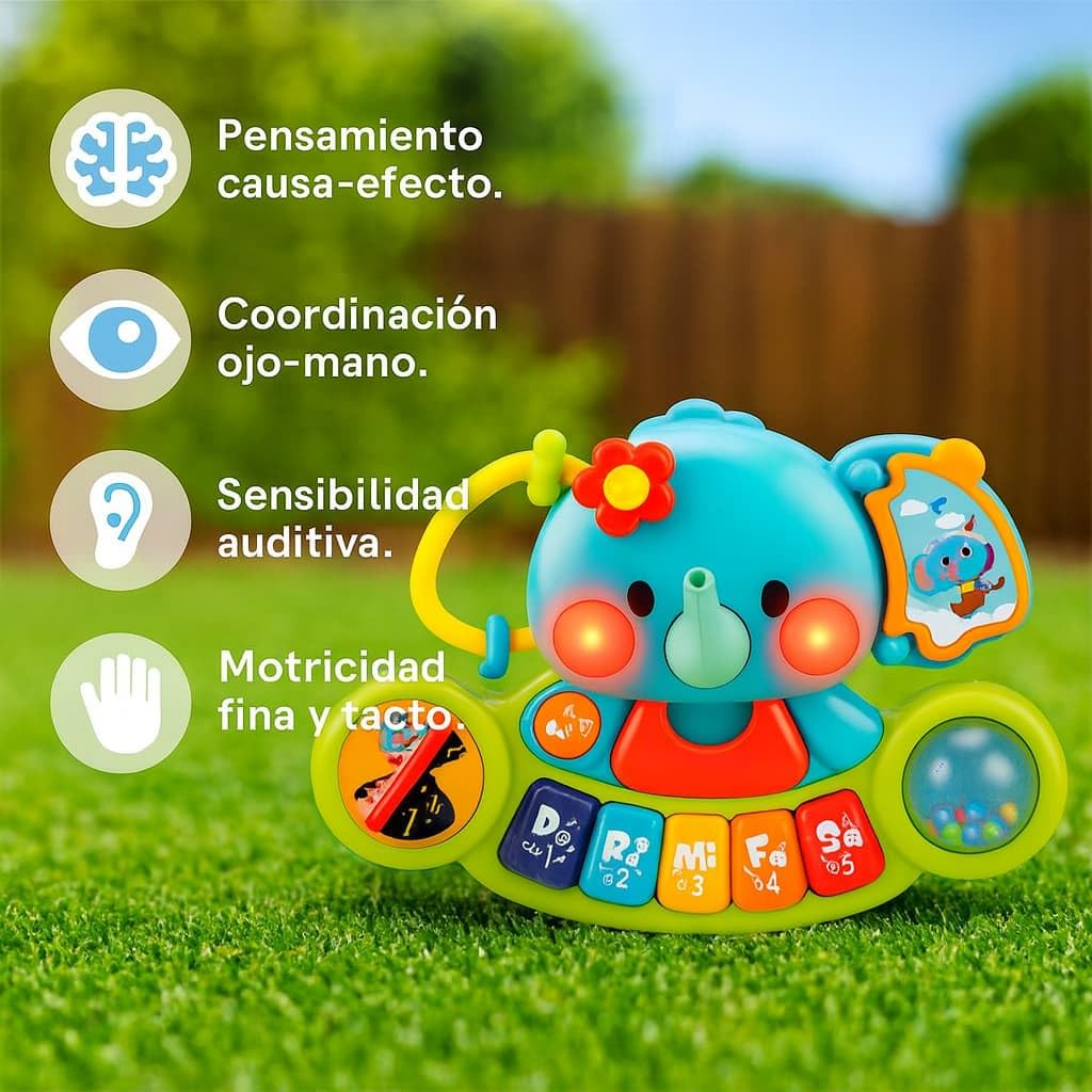 Hola - Piano Infantil de Juguete - con Luces y Sonidos Reales de Instrumentos Musicales - Juego Elefante Musical con Teclado y 7 Actividades - Juguete Sensorial y Educativo - Regalo Bebe +6 Meses