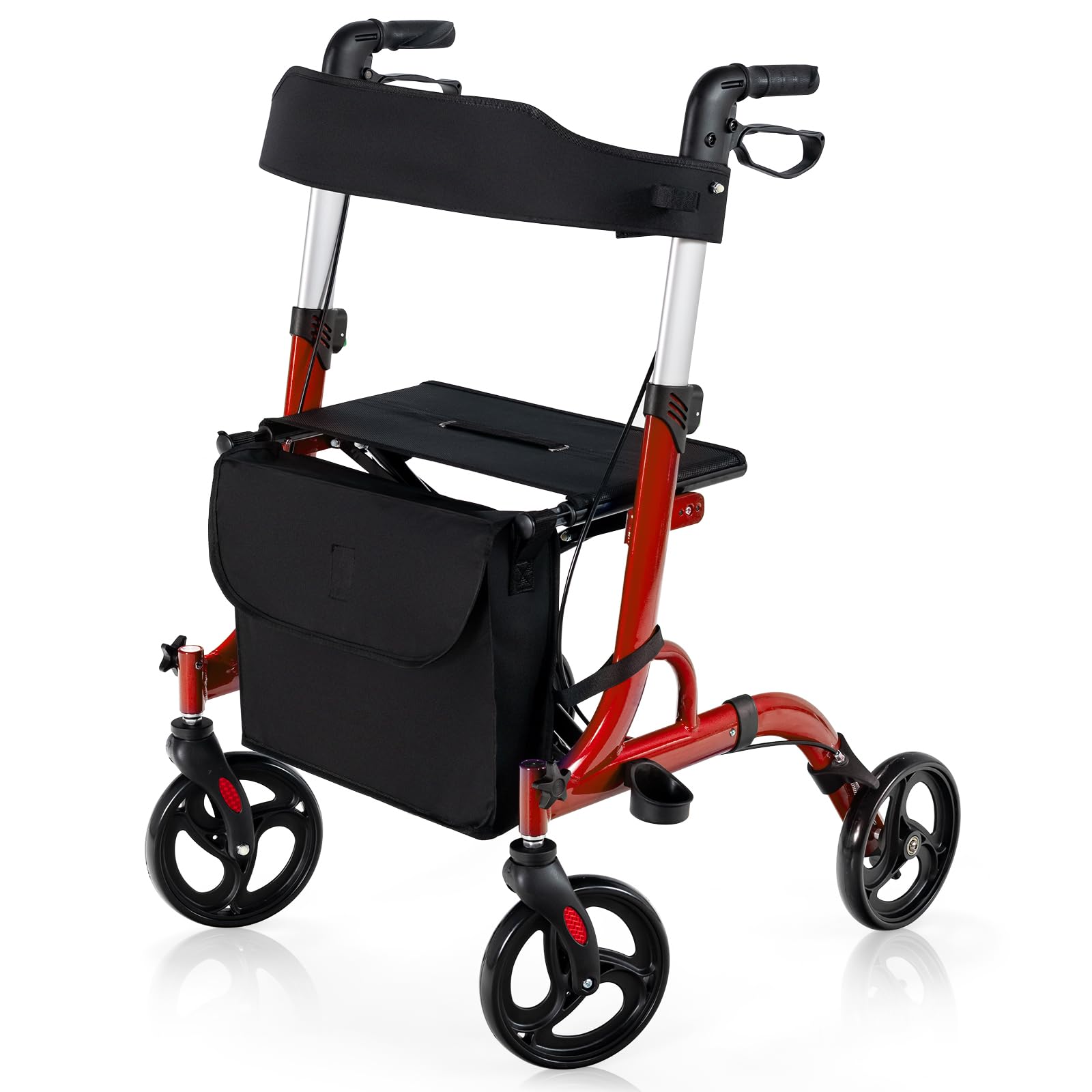 GYMAX Deambulatore con Ruote Pieghevole Regolabile in Altezza con Maniglie e Sedile, in Alluminio. Portata 150 kg per Anziani (ROSSO)