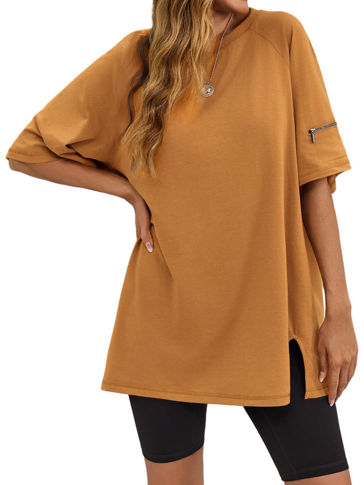 Tankaneo Camisetas de entrenamiento de gran tamaño para mujer, dobladillo dividido, raglán, manga corta, para verano, casual, holgada