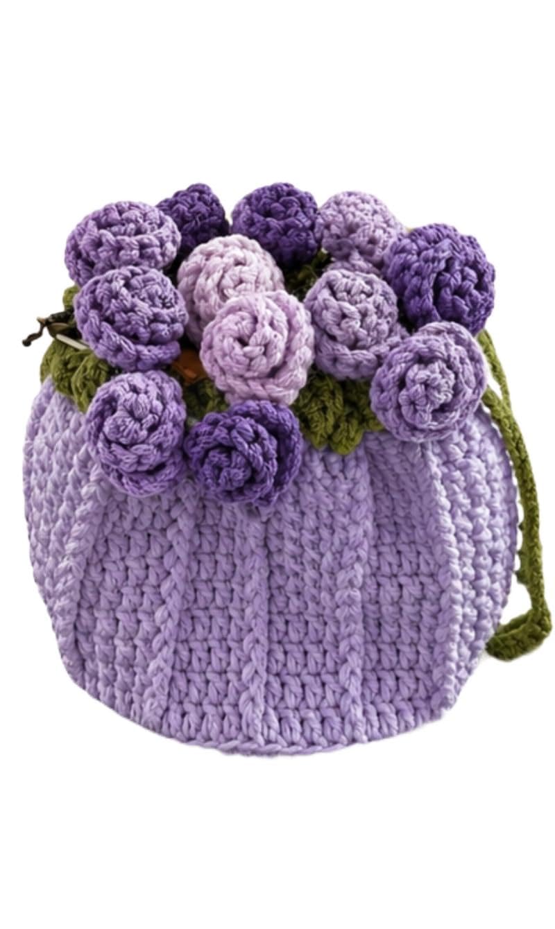RHC Handmade Crochet Bucket Bag with 3D Violet Rose Floral Embellishment, Violet, Medium, Women's Crossbody Handbag 18×18-image-29