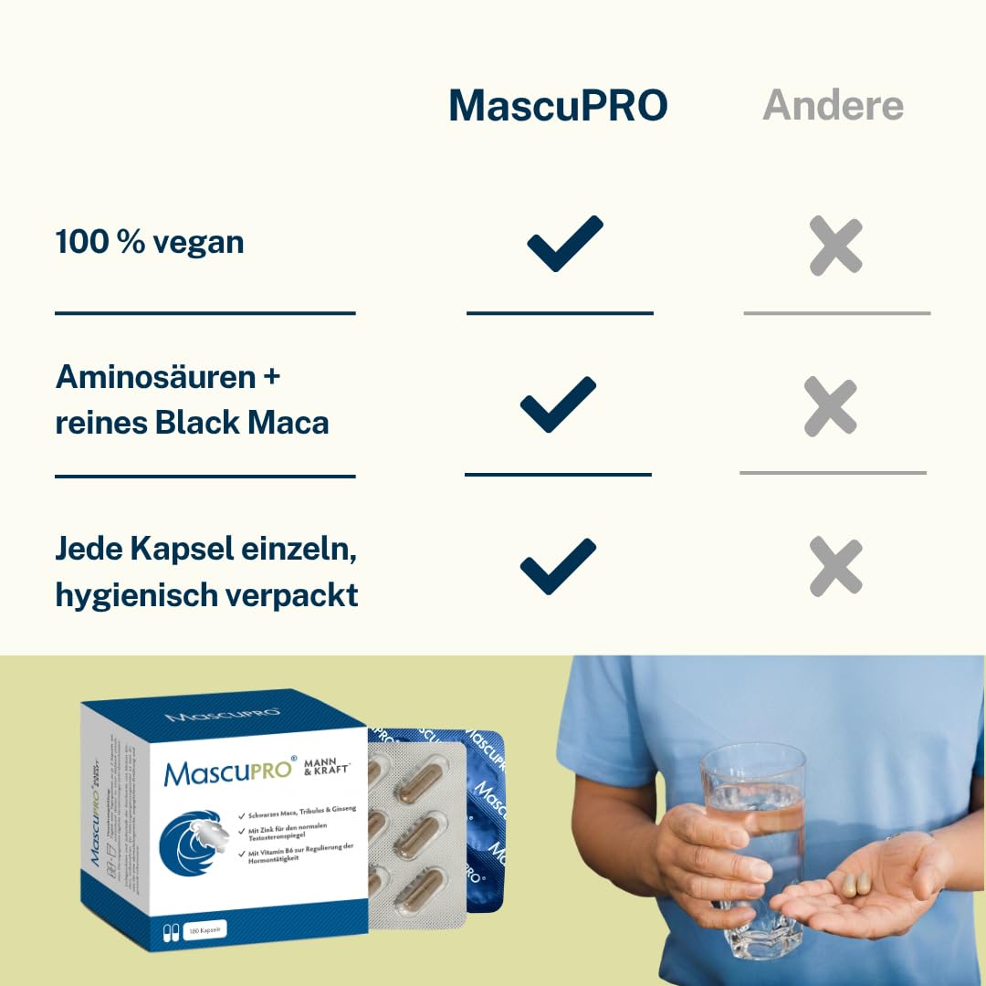 MascuPRO Mann & Kraft - Vorteilsbox für 3 Monate | Black Maca, Tribulus Terrestris, Bockshornklee, Cordyceps, Zink & Aminosäuren | vegan