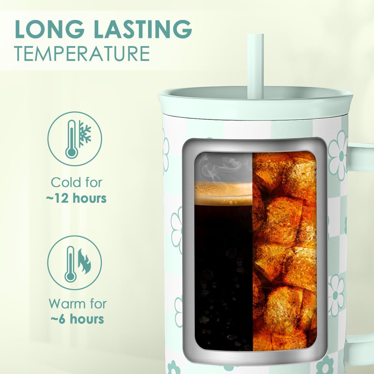 SANDJEST 40oz Daisy Flower Tumbler with Handle and Straw - Insulated Stainless Steel Coffee Travel Mug for Women Girls, Floral Gift Idea for Birthday Christmas - Image 5