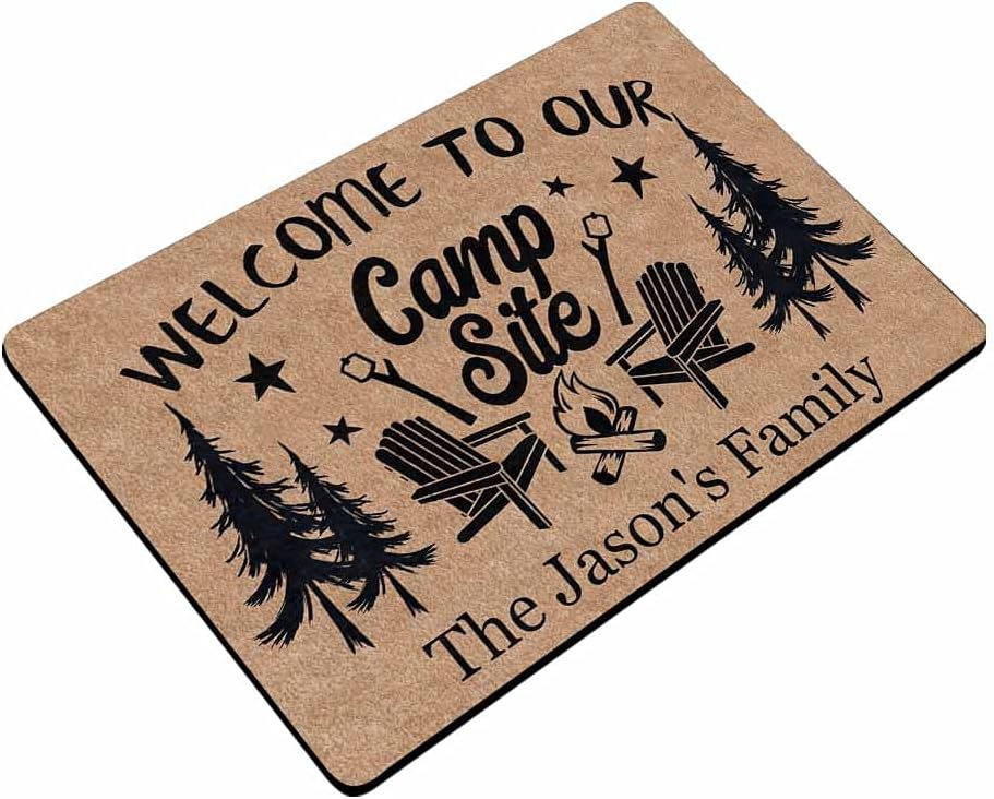 Custom Camper Doormat Personalized Mat Welcome to Our Campsite, Chair Fire Tree Text Doormat Door Floor Mat Outdoor Indoor Front Mat Entrance Welcome Rug Kitchen Bathroom Rug Non Slip Mat 24x16 Inch