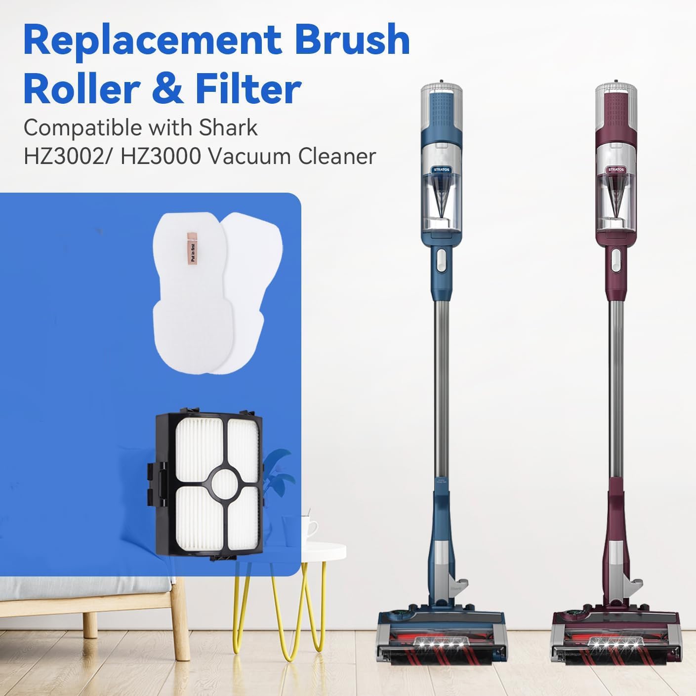 HZ3002 Replacement Filters for Shark HZ3002 HZ3000 HZ4001AMZ HZ4002 Stratos Ultralight Corded Stick Vacuum, Replace part XFFKHZ3000 XHFHZ3000, 4 HEPA & 8 Foam and Felt Filters