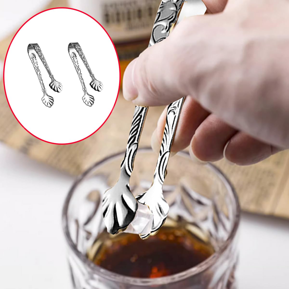 2 pinzas de acero inoxidable con diseño de rosa en forma de U, mini pinzas de hielo para fiesta de té, cafetería, bar (plateado) 6