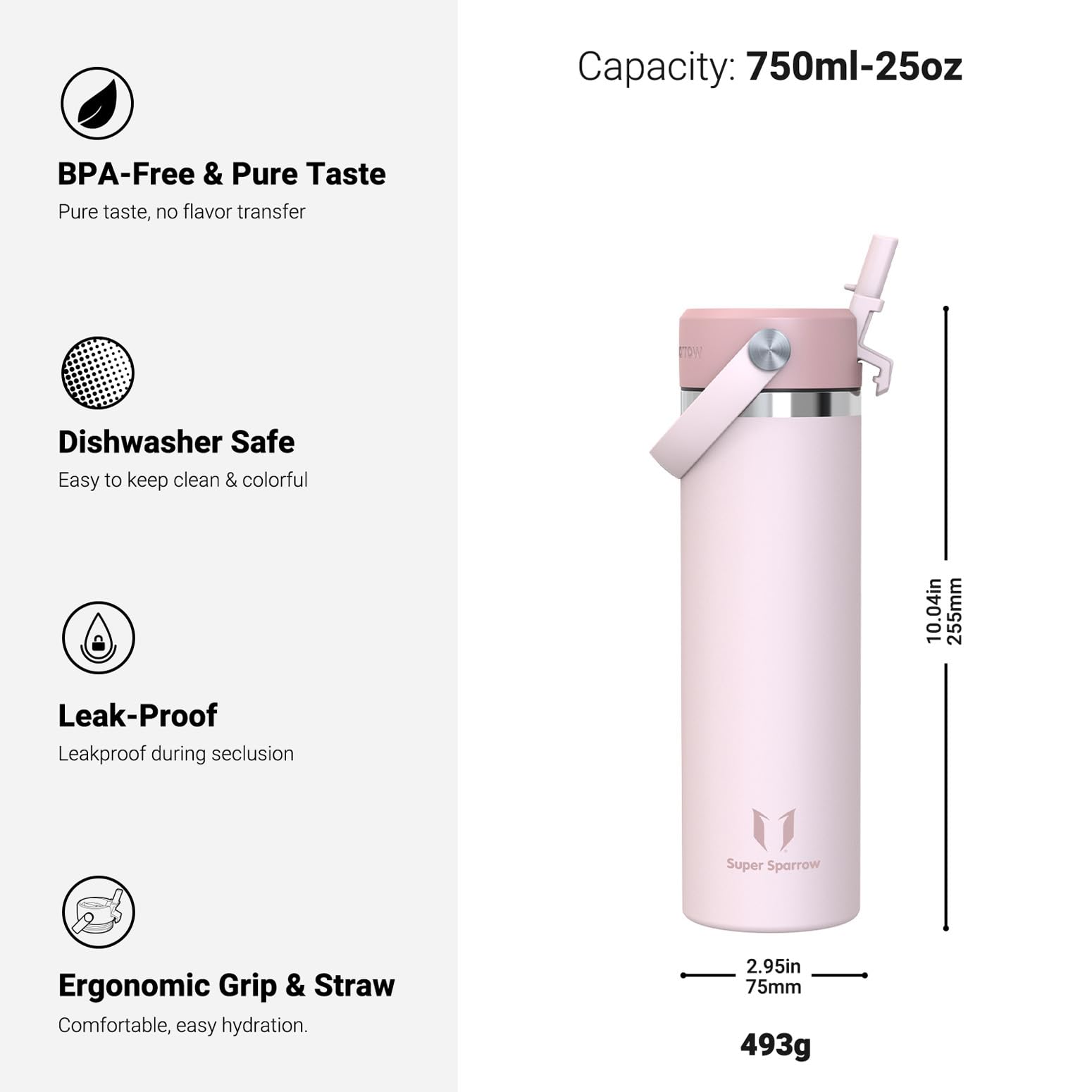 Sparrow Insulated Water Bottle with Straw Metal Water Bottles Drinks 750ml, Pink, 750 ml - Image 3